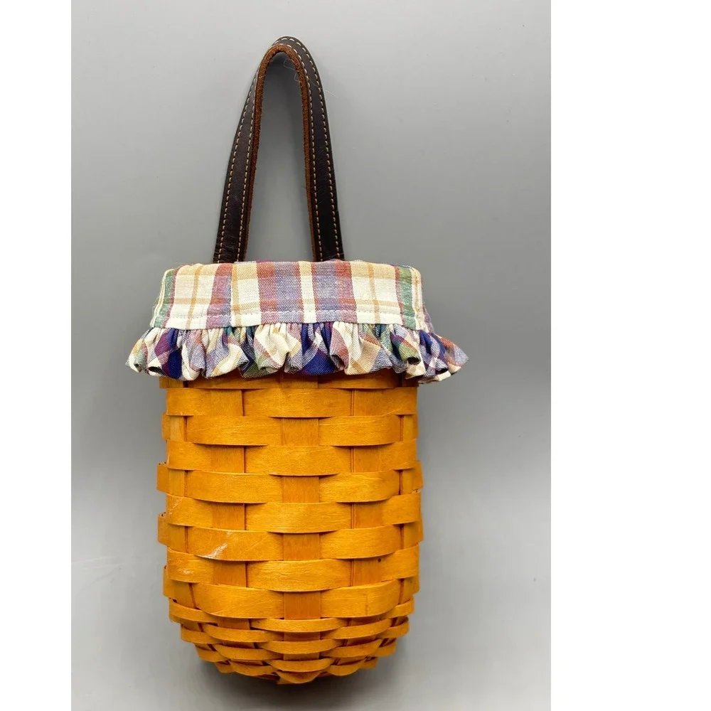 Longaberger 2001 Gatehouse Handwoven Hanging Basket Plaid Liner Leather Handle